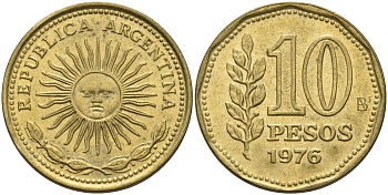 Аргентина 10 песо 1976 Ba, майское солнце KM 72 алюминиевая бронза 4606-255