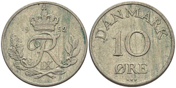 ДАНИЯ 10 ЭРЕ 1952 N; S, ФРЕДЕРИК IX (1947-1972) KM 841.1 медно-никель 4383-1111