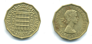 Великобритания 3 пенса 1960 Елизавета II (1952-2022) KM 900, Spink 4153 никель латунь 4383-317