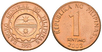 Филиппины 1 сентимо 2002 KM 273 сталь плакированная медью UNC 4621-368