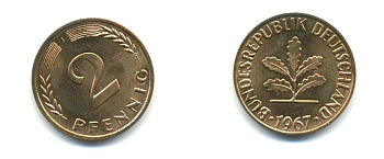 ФРГ 2 пфеннига 1967 J KM106, J.381 бронза UNC 00-00