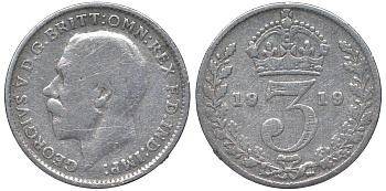 Великобритания 3 пенса 1919 Георг V (1910-1936) KM 813, Spink 4015 серебро 4124-639