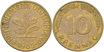 ФРГ 10 пфеннигов 1985 D KM 108 сталь плакированная латунью 4613-1236