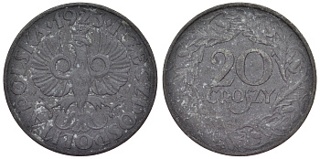Польша 20 грошей 1923 (1941-1944) w, германская оккупация, Вторая мировая война KM 37 KM 37 цинк 4119-1012