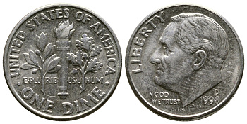 США 10 ЦЕНТОВ = 1 ДАЙМ 1999 D, РУЗВЕЛЬТ KM 195а медь плакированная медно-никелем 57-1261