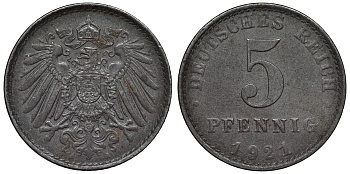 Германия 5 пфеннигов 1921 A KM 19, J. 297, Weege 5 железо 4118-1057