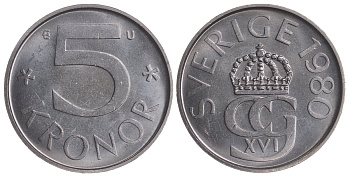 Швеция 5 крон 1980 U Карл XVI Густав (1973- ) KM 853 медно-никель UNC 4683-1022