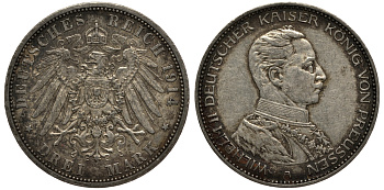 Пруссия 3 марки 1914 Вильгельм II (1888-1918) в мундире KM 538, J.113 серебро 3711-611