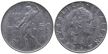 ИТАЛИЯ 50 ЛИР 1970 R, КУЗНЕЦ KM 95.1 сталь 3333-222