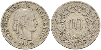 ШВЕЙЦАРИЯ 10 РАППЕНОВ 1908 В KM 27 медно-никель 206-1216