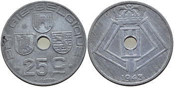 БЕЛЬГИЯ 25 САНТИМОВ 1943 BELGIE-BELGIQUE, ГЕРМАНСКАЯ ОККУПАЦИЯ, ВТОРАЯ МИРОВАЯ ВОЙНА KM 132 цинк 86-1514