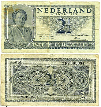 НИДЕРЛАНДЫ 2 1/2 ГУЛЬДЕНА 1949 8 АВГУСТА 1949, КОРОЛЕВА ЮЛИАНА Pick 73 бумага 7484-54-3