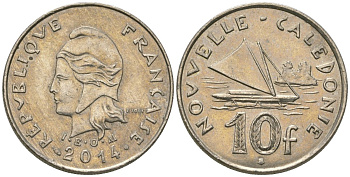 Французская Новая Каледония 10 франков 2014 рыбачья парусная лодка, (IEOM) KM 11a, Schoen 13a, Lec 99k медно-никель 67-1134