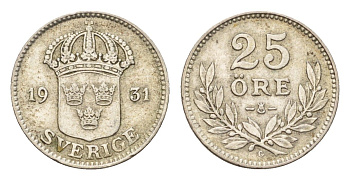Швеция 25 эре 1931 Густав V (1907-1950) KM 785 серебро 4124-836