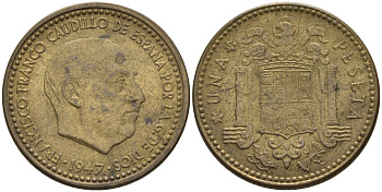 Испания 1 песета 1947 (52) Франсиско Франко (1939 - 1975) KM 775 алюминиевая бронза 4155-323