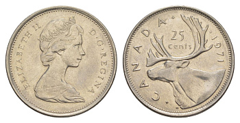 Канада 25 центов 1971 Елизавета II (1952-2022), олень KM 62b никель 4631-614