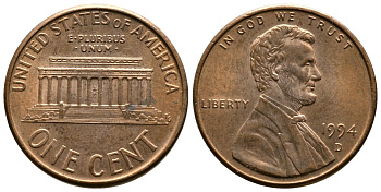США 1 ЦЕНТ 1994 D, ЛИНКОЛЬН KM 201b цинк плакированный медью 72-617