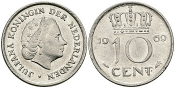 Нидерланды 10 центов 1969 Юлиана (1948-1980) KM 182 никель 96-367