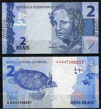 Бразилия 2 реала 2010 голова Республики, морские черепахи Pick 252 a бумага UNC (пресс) 447-31-1
