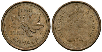 Канада 1 цент 1983 Елизавета II (1953-), кленовый лист KM 132 бронза 4173-1163