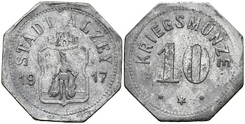 ГЕРМАНИЯ ГЕССЕН АЛЦЕЙ 10 ПФЕННИГОВ 1917 КРИГСМЮНЦЕ цинк 75-1555
