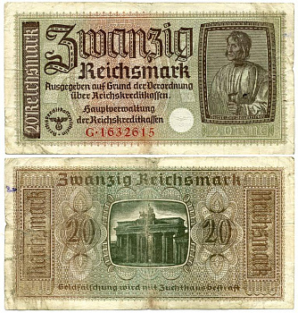 ГЕРМАНИЯ 20 РЕЙХСМАРОК 1940-1945 ДЛЯ ОККУПИРОВАННЫХ ТЕРРИТОРИЙ Pick R139 бумага 3295-67-2