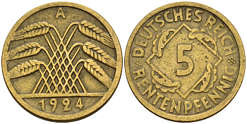 Германия 5 рентенпфеннигов 1924 A KM 39 алюминиевая бронза    4189-225
