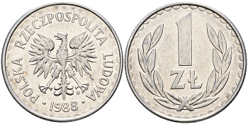 Польша 1 злотый 1988 MW KM 49.2 алюминий    4159-1257