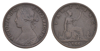 Великобритания 1 фартинг 1866 Виктория (1837-1901) KM 747.2, Spink 3958 бронза 4658-922