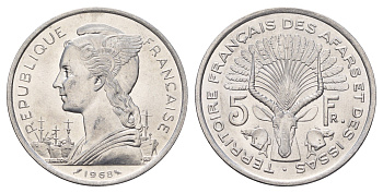 Французские афар и исса 5 франков 1968 KM 14 алюминий UNC 4127-1915