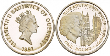 Гернси 1 фунт 1997 Елизавета и Филлип, золотая свадьба KM 70 серебро PROOF 1096-1-14