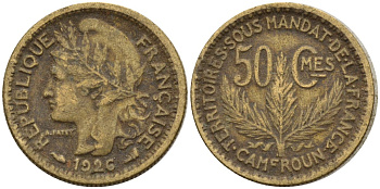 Камерун 50 сантимов 1926 (a), мондвор Париж KM 1 алюминиевая бронза 4169-1213