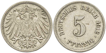 ГЕРМАНИЯ 5 ПФЕННИГОВ 1912 G KM 11, J. 12 медно-никель 105-157