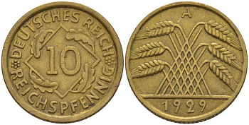 ГЕРМАНИЯ 10 РЕЙХСПФЕННИГОВ 1929 A KM 40, J. 317 алюминиевая бронза 4401-427