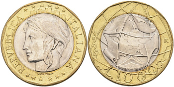 Италия 1000 лир 1998 R, карта европы KM 194 биметалл 4126-111