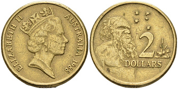 Австралия 2 доллара 1988 абориген, Елизавета II (1953-) KM 101 алюминиевая бронза 4126-1047