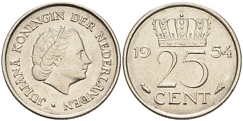 Нидерланды 25 центов 1954 Юлиана (1949-1980) KM 183 никель    4174-642