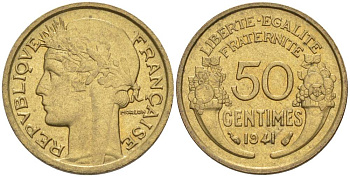 ФРАНЦИЯ 50 САНТИМОВ 1941 ТИП MORLON KM 894.1, LE FRANC 192.18 алюминиевая бронза 44-654