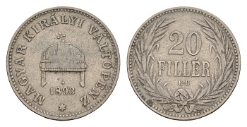 Венгрия 20 филлеров 1893 KB, Франц Иосиф (1848-1916) KM 483 никель 4658-528
