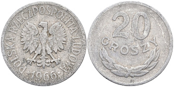Польша 20 грошей 1966 MW KM A47 алюминий 3336-621