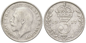 Великобритания 3 пенса 1917 Георг V (1910-1936) KM 813, Spink 4015 серебро 4611-1139
