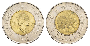 Канада 2 доллара 1998 Елизавета II (1952-2022), полярный медведь, редкий год KM 270 биметалл aUNC 4631-834