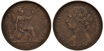 Великобритания 1 фартинг 1875 Виктория (1837-1901) KM 753, Spink 3958 бронза 1523-1231