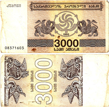 Грузия 3000 купонов 1993 Pick 45, Сергеев 17 бумага 6289-20-3-2