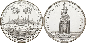 Германия медаль 1979 реплика, Бремен шаугульден 1648 года, курфюрст Карл Теодор, проба 835, вес 14,3 гр., диаметр 36 мм., в оригинальной коробке, с сертификатом, эмитент BFG ( банк общей экономики) серебро PROOF 3-4-3-32