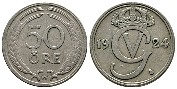 Швеция 50 эре 1924 W, Густав V (1907-1950) KM 796 никель бронза 76-823
