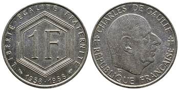 ФРАНЦИЯ 1 ФРАНК 1988 ШАРЛЬ ДЕ ГОЛЛЬ, 30 ЛЕТ РЕСПУБЛИКЕ KM 963 никель 51-4511
