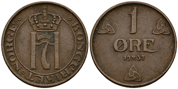 Норвегия 1 эре 1937 Хокон VII (1905-1957) KM 367 бронза 4189-745