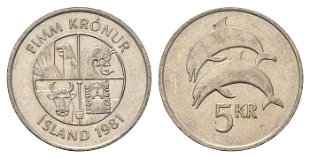 Исландия 5 крон 1981 дельфины KM 28 медно-никель 4591-846