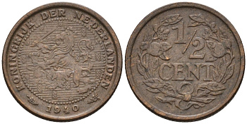 Нидерланды 1/2 цента 1940 Вильгельмина (1890-1948) KM 138 бронза 4588-1127
